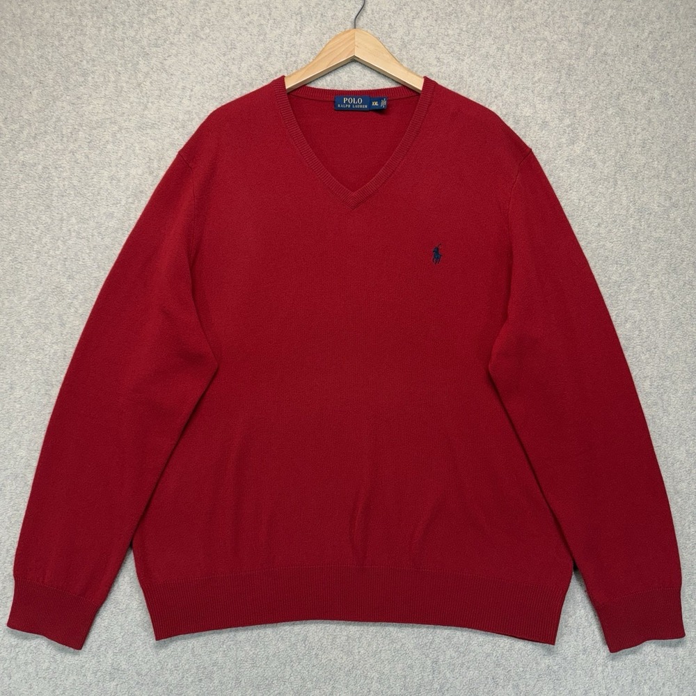Polo Ralph Lauren Mens XXL Red V Neck Cotton Knit Sweater Pony Logo Pullover